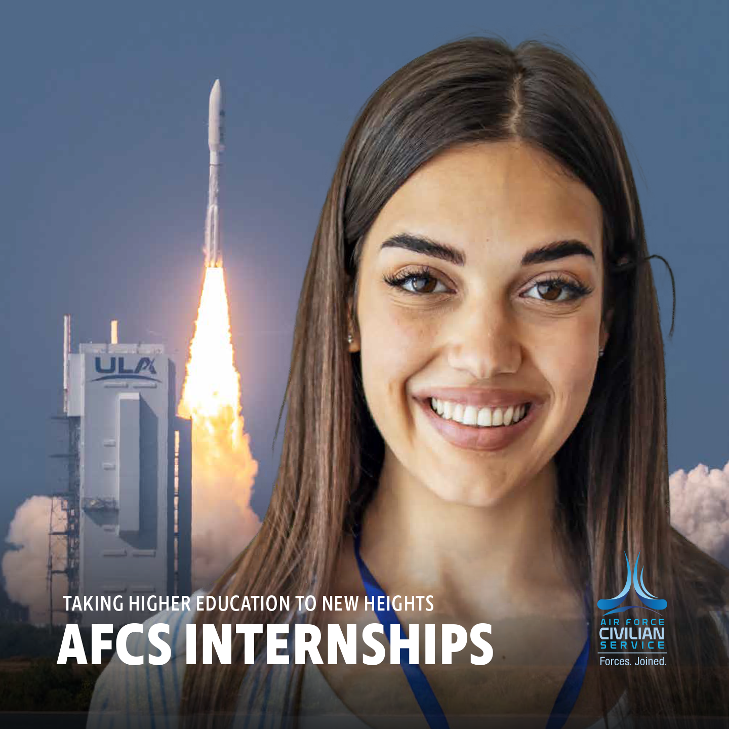 A woman in front of a rocket launch with the words 'AFCS INTERNSHIPS'