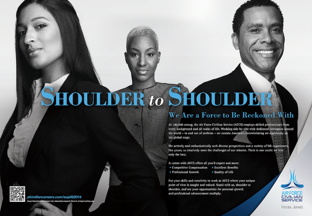 Three people with the title 'Shoulder to Shoulder. We are a force to be reckoned with.'