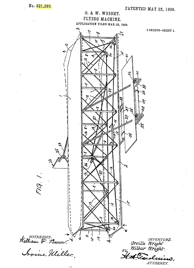 The Wright Brothers' first patent for the Flying Machine.