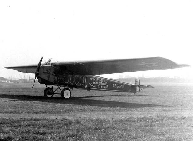 A plane with the words 'Army Air Service Non Stop Coast to Coast' on it.