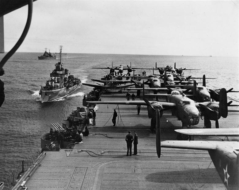 A group of B-25's on their first bomb run.