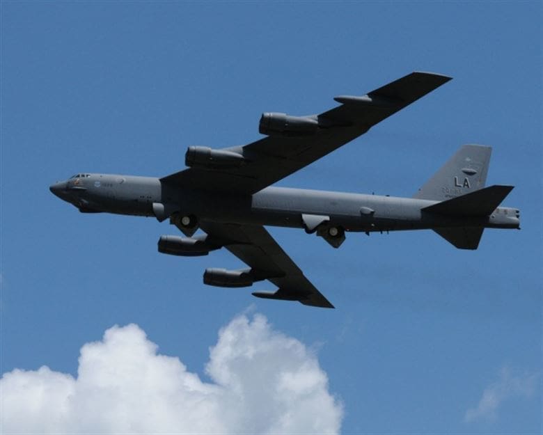 A Boeing B-52 Stratofortress in flight.