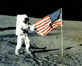 The American flag being planted on a planet.