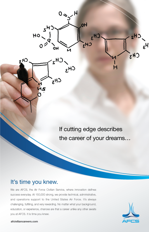 A woman writing chemical structures on a board, with the words'If cutting edge describes the careere of your dreams... It's time you knew.' under it.