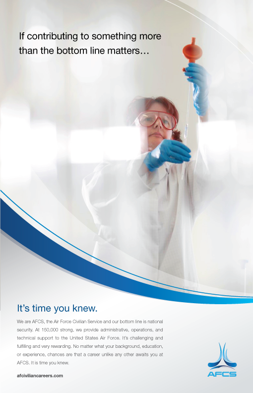 A woman with a test tube and pipette, with the words'If contributing something more than the bottom line matters... It's time you knew.' under it.