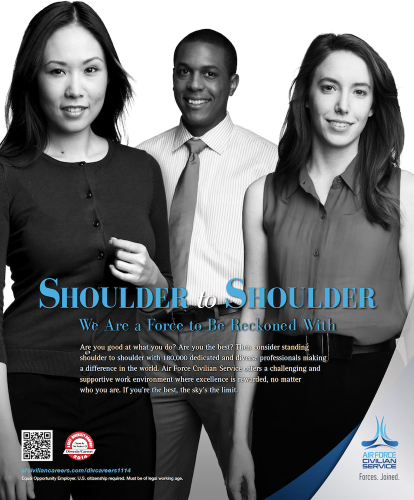 Three people with the title 'Shoulder to Shoulder. We are a force to be reckoned with.'