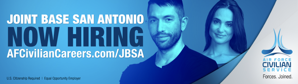Two people with the title 'Joint Base San Antonio NOW HIRING' with the AFCS website URL and the AFCS logo.
