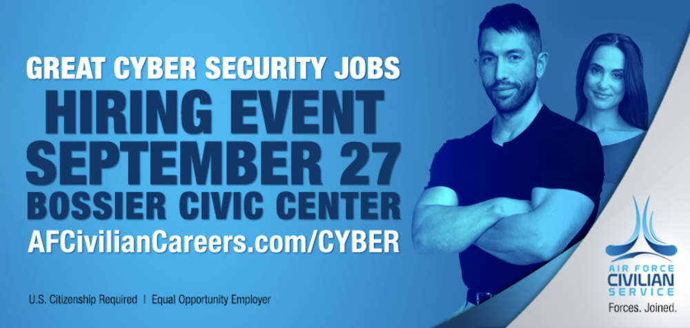 Two people with the title 'Great Cyber Security Jobs, Hiring Event, September 27, Bossier Civic Center' with the Cybersecurity jobs url.