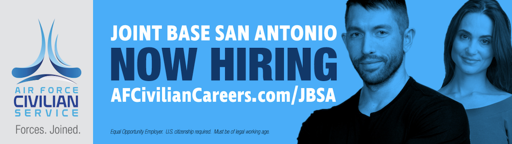 Two people with the title 'Joint Base San Antonio NOW HIRING' with the AFCS website URL and the AFCS logo.