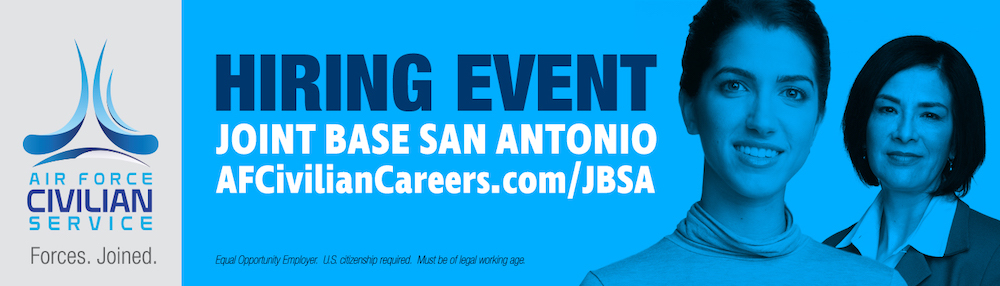Two people with the title 'Joint Base San Antonio NOW HIRING' with the AFCS website URL and the AFCS logo.
