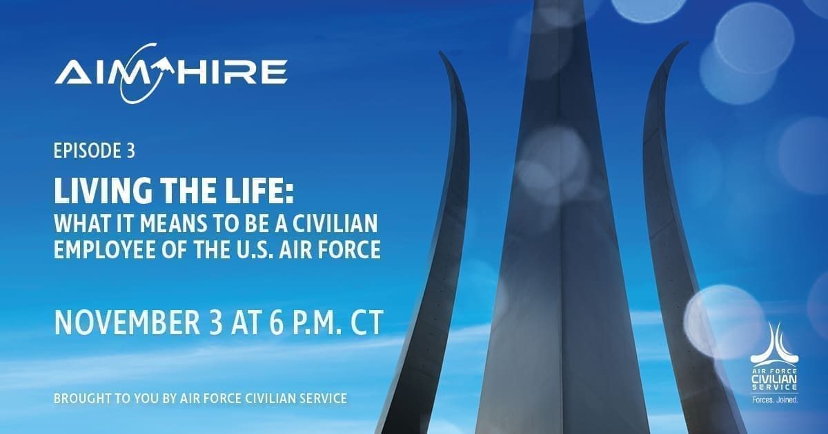 Aim Hire Episode 3: Living the Life: What it Means to be a Civilian Employee of the U.S. Air Force. A three pronged sculpture extends int to the sky.