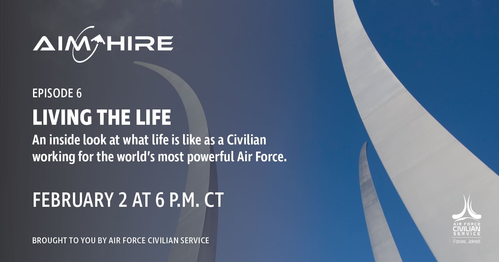Aim Hire Episode 6: Living the Life, An inside look at what life is like as a Civilian working for the world's most powerful Air Force. A three pronged sculpture extends into the sky.