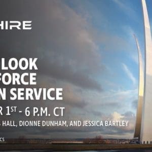 A promotional graphic for an episode of "Aim Hire" featuring a discussion on Air Force Civilian Service, with a dramatic sky and monument in the background.
