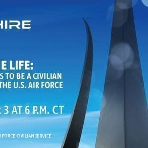 Aim Hire Episode 3: Living the Life: What it Means to be a Civilian Employee of the U.S. Air Force. A three pronged sculpture extends int to the sky.