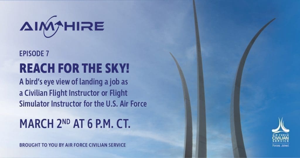 Aim Hire Episode 7: Reach for the Sky! A Bird's eye view of landing a job as a Civilian Flight Instructor or Flight Simulator Instruction for the U.S. Air Force. A three pronged sculpture extends into the sky.