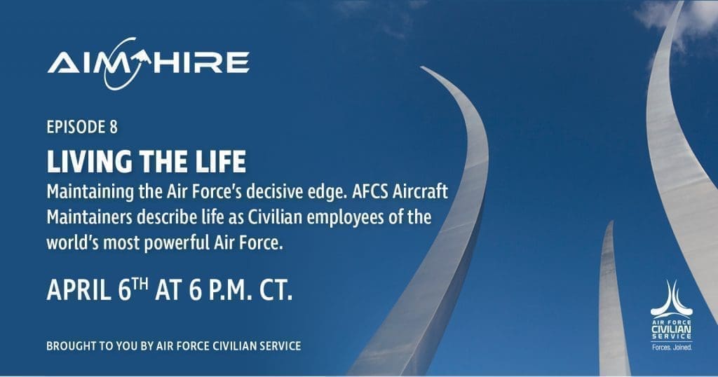 Aim Hire Episode 8: Living the Life, Maintaining the Air Force's decisive edge. AFCS Aircraft Maintainers describe life as Civilian employees of the world's most powerful Air Force. A three pronged sculpture extends into the sky.