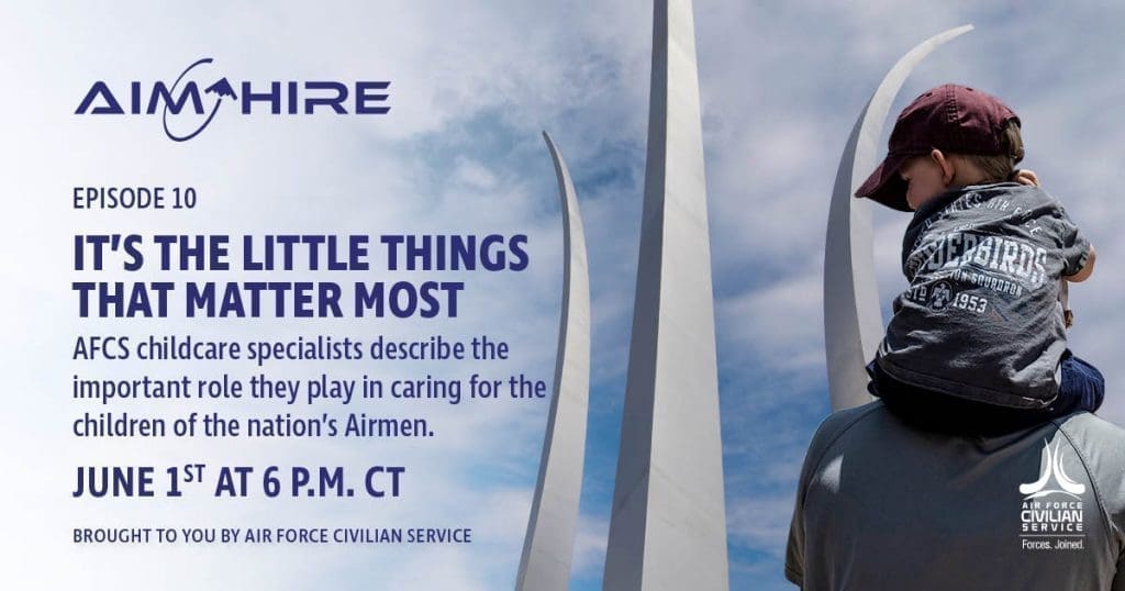Aim Hire Episode 10: It's the Little Things that Matter Most. A Little boy sits on a man's shoulders, a three prong sculpture extends into the sky in the background.