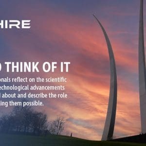 Aim Hire Episode 12: Com to Think of It. AFCS STEM professionals reflect on the scientific achievements and technological advancements they're most excited about and describe the role civilians play in making them possible. A sculpture of three tall curved prongs extend into the sky.
