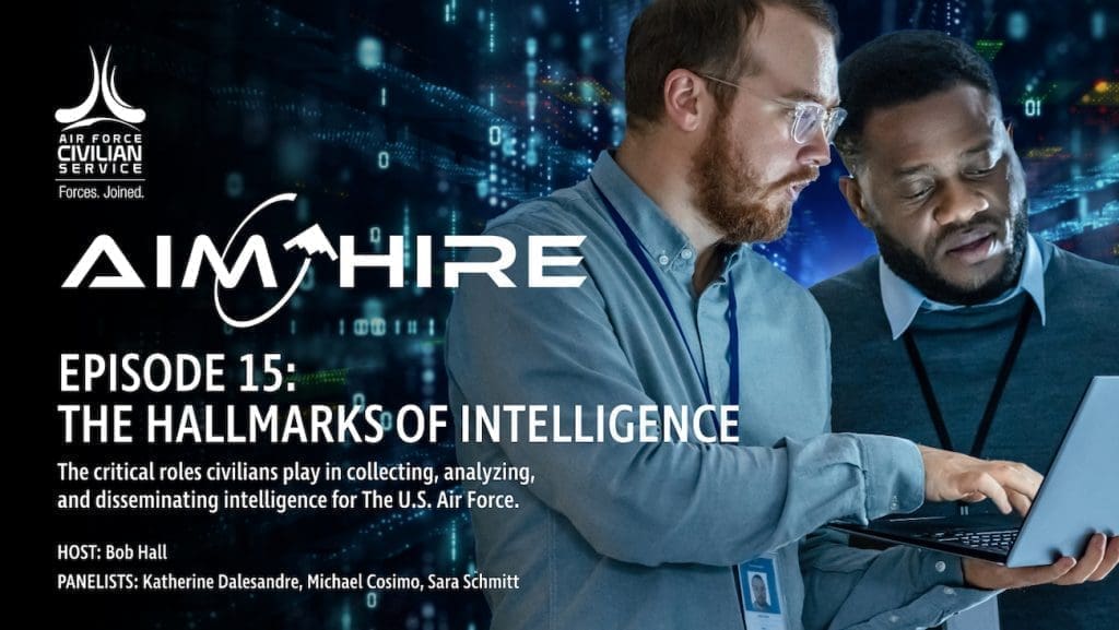 Aim Hire Episode 15: The Hallmarks of Intelligence: The Critical Roles Civilians Play in Collecting, Analyzing, & Disseminating Intelligence for the U.S. Air Force. Two men work on a laptop together.