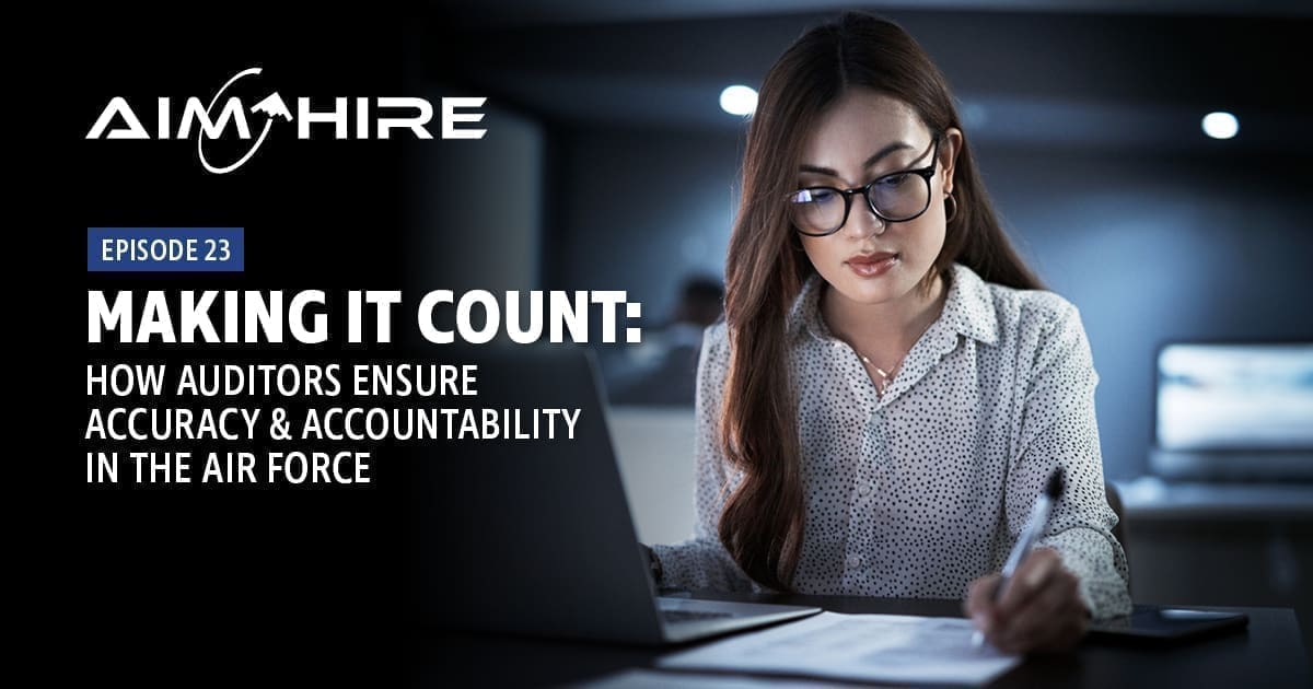 Aim Hire Episode 23: Making it Count: How Auditors Ensure Accuracy & Accountability in the Air Force. A woman works at a computer.