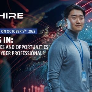 Aim Hire Episode 14: Logging In: The Many Roles of Civilian Cyber Professionals in the U.S. Air Force. A woman and a man wearing badges, smiling.