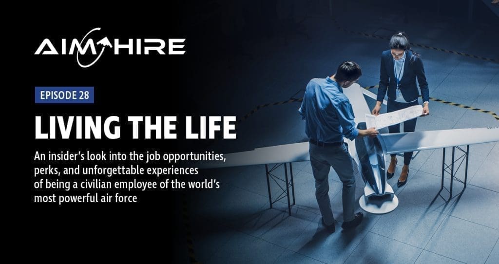 Aim Hire Episode 28: Living the Life, a woman and a man looking at a model of a jet and it's plans.