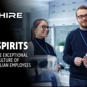 Aim Hire Episode 31: Hight Spirits, Exploring the Exceptional Workplace and Culture of Air Force Civilian Employees. Two women and a man talking in an office setting.