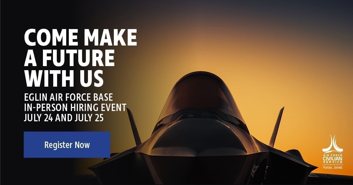 The cockpit of a jet, seen from the outside. Text: Come Make a Future with Us. Elgin Air Force Base.